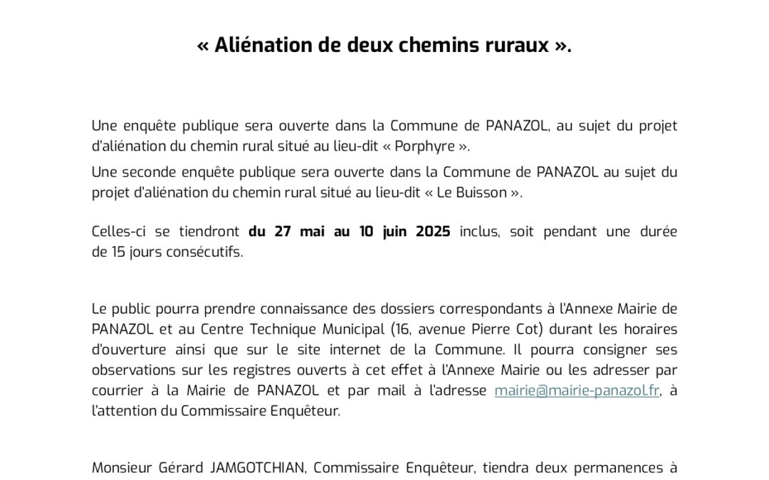 Enquête publique : Aliénation de deux chemins ruraux